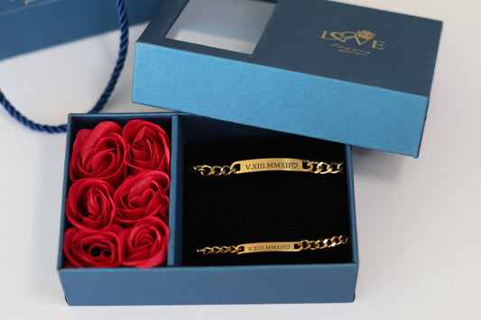 Couple Engraved Bracelets + Rose Box