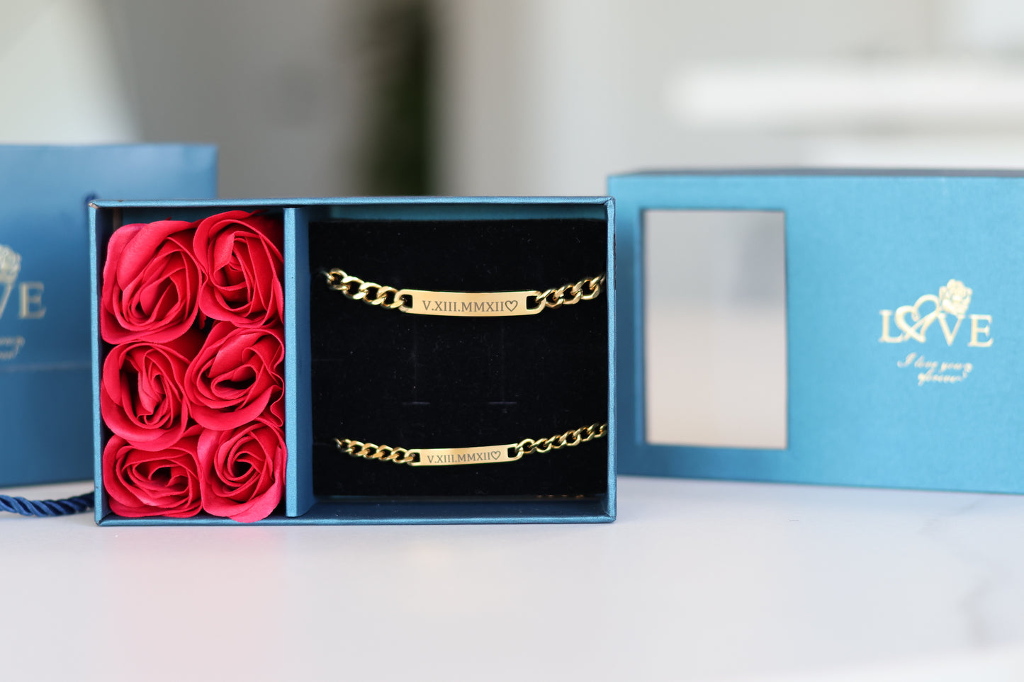 Couple Engraved Bracelets + Rose Box